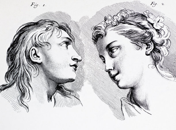 年轻女人的脸，古董雕刻图片下载