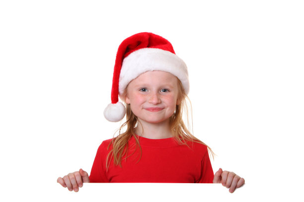 快乐的圣诞老人女孩与空白的标志图片下载