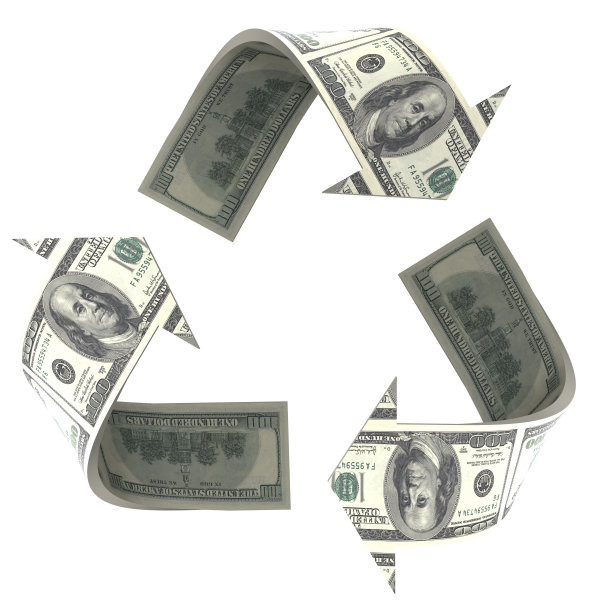 由美钞制成的回收符号。图片下载