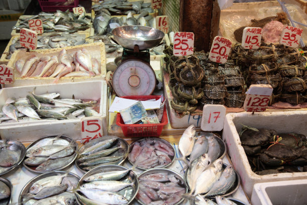 香港一个市场摊位上的鲜鱼图片下载