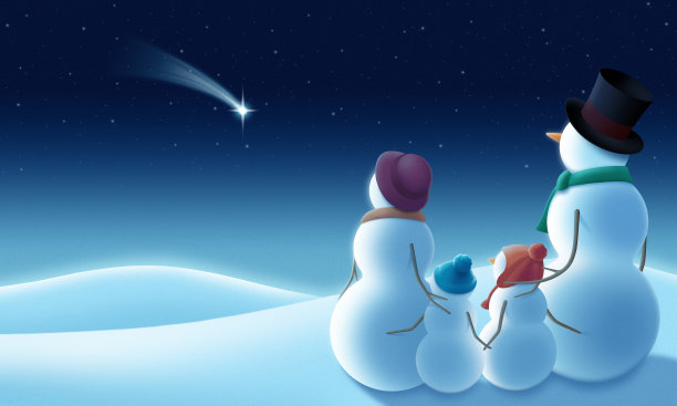 卡通雪人一家四口对着流星许愿图片下载