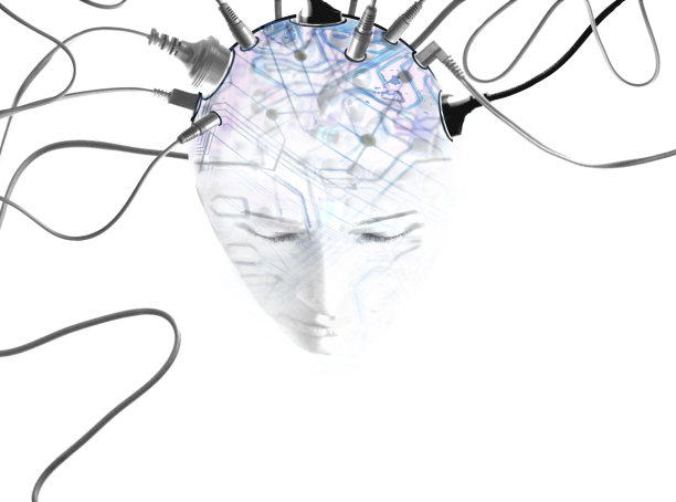 年轻的脸与电源电缆插入头部与覆盖电路图片下载