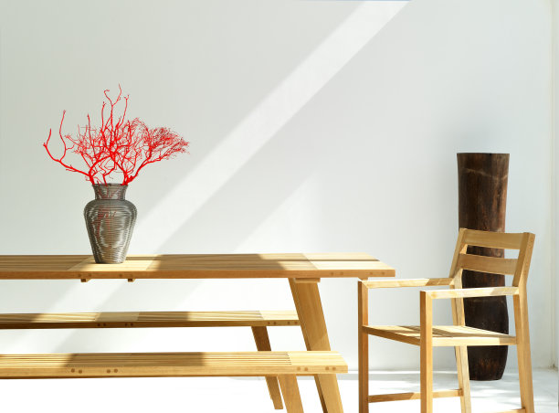 现代木桌与珊瑚在金属丝花瓶图片下载