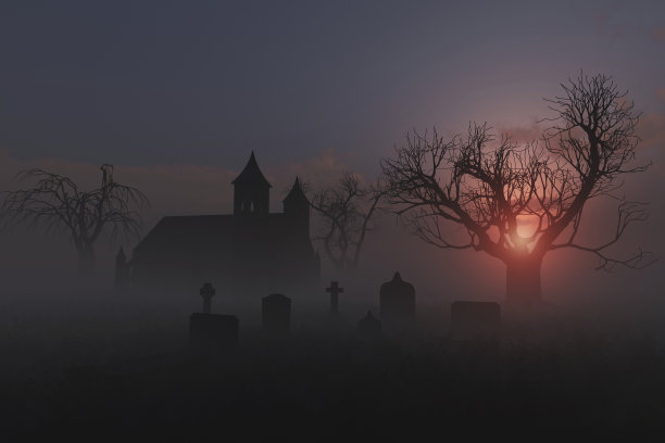 迷雾中的一座古老的教堂墓地图片下载