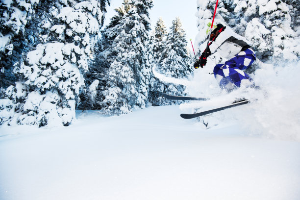 女滑雪者在新粉雪。图片下载