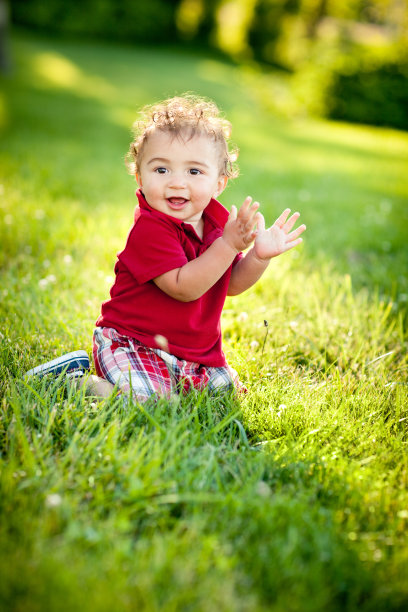 微笑的蹒跚学步的男孩坐在外面的草地在夏天的一天图片下载