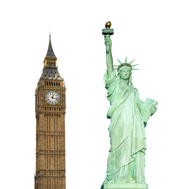 白色背景上的自由女神像和大本钟图片下载