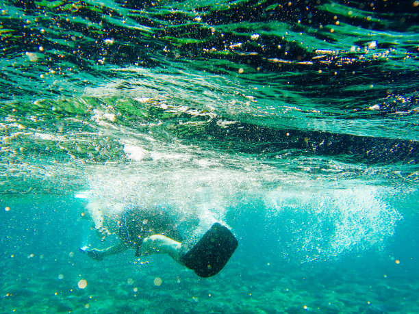潜水男子在印度尼西亚巴厘岛的探险旅行中拍摄水下照片图片下载