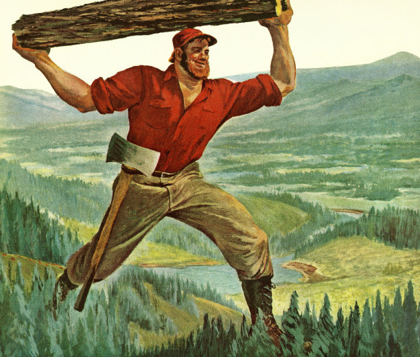 一幅保罗·班扬把一根木头举过头顶的画图片下载