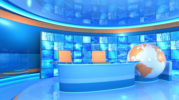 配有视频墙和世界地图的现代电视广播演播室图片下载