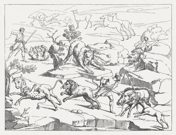 狩猎场景，庞培古城壁画，木刻，1881年出版图片下载
