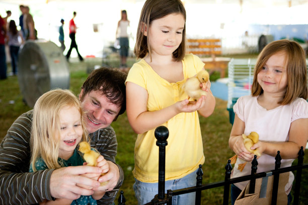 县集市上一家人抱着小鸭子的彩色图像图片下载