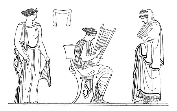 古希腊妇女用织布机织布的古老插图图片下载