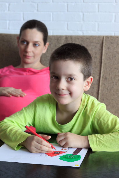 快乐的男孩和他的母亲在家里画画图片下载