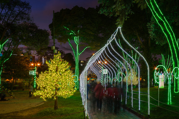 哥伦比亚波哥大:乌萨琴广场的圣诞彩灯;蓝色的小时图片下载