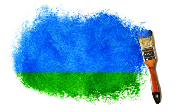 画笔与蓝色和绿色油漆(隔离在白色)图片下载