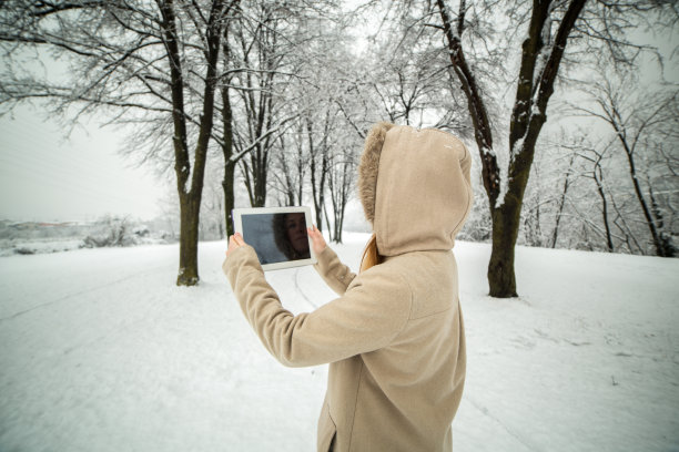 在公园使用平板电脑的女人-冬季图片下载