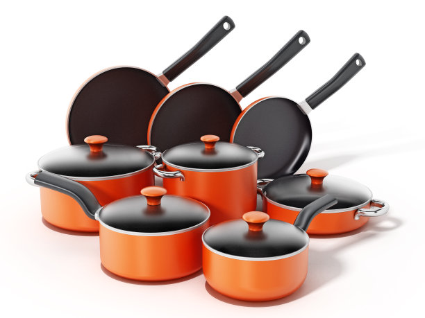 烹饪和煎锅设置孤立的白色。图片下载