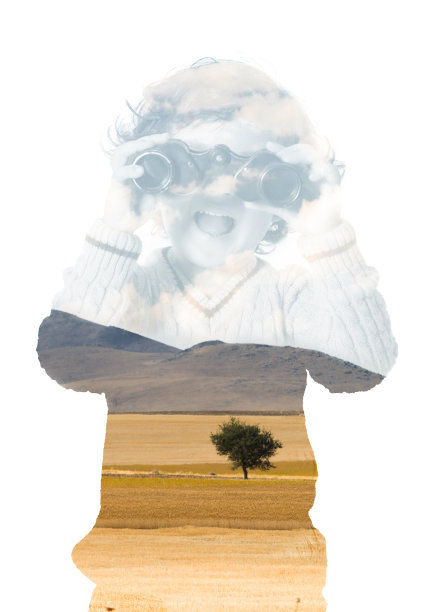 微笑的男孩站在望远镜和指向上面图片下载