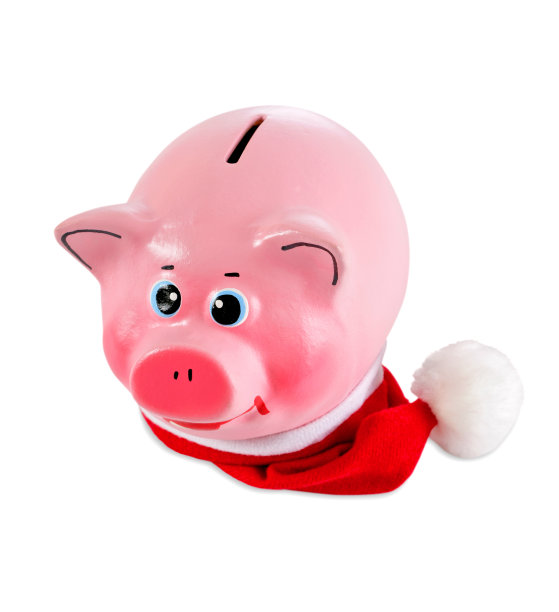 圣诞老人帽子里的储蓄罐(被白色隔离)图片下载