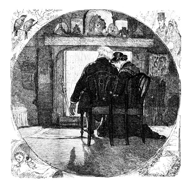 一对恋人坐在装饰华丽的炉火旁图片下载