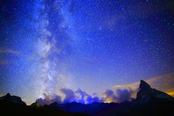 银河系上方的马特洪峰，瑞士阿尔卑斯山的夜景图片下载