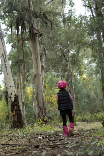 一个女孩在树林里散步的风景照片图片下载