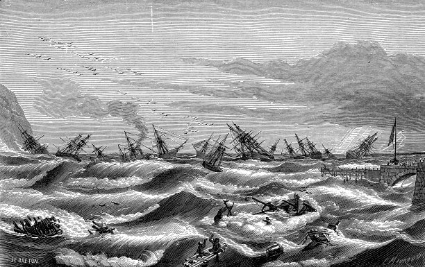 古色古香的海上风暴与船只雕刻形象图片下载