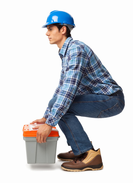 工人拿起沉重的工具箱-孤立图片下载