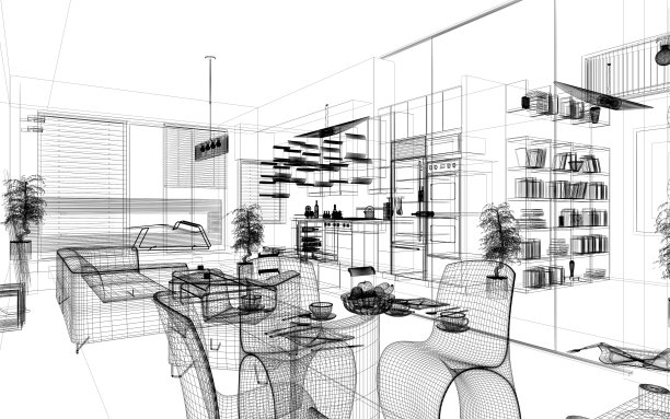 线框3D现代家居内饰。渲染图像。体系结构抽象。图片下载