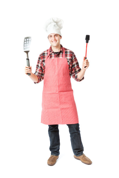 快乐站在烧烤厨师厨师摆姿势的白色背景图片下载