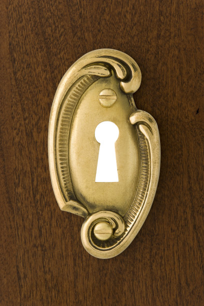 锁孔-木门上的花式饰有纹章的盾。完整的框架。图片下载