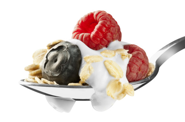 一勺蓝莓，覆盆子，酸奶和燕麦片图片下载