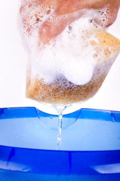 用手把海绵挤进白色背景的桶里图片下载