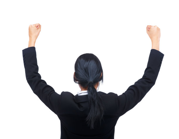 一个年轻的女商人举手的后视图图片下载