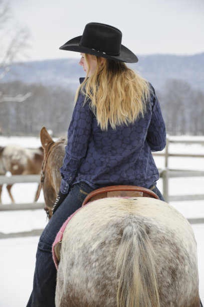 金发女人骑阿帕卢萨马在冬天，后视镜图片下载