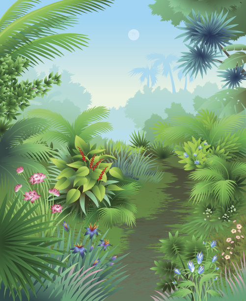 一条穿越彩色雨林的卡通小路图片下载