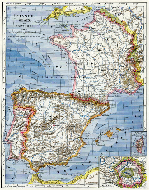法国，西班牙和葡萄牙地图1883图片下载