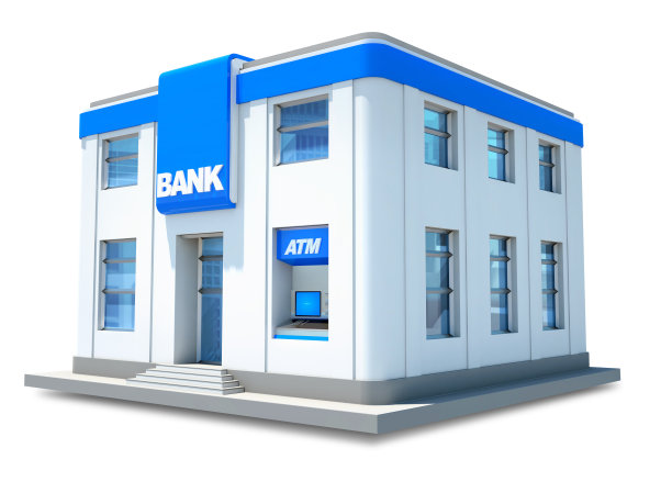 白色背景上有ATM的小银行大楼图片下载