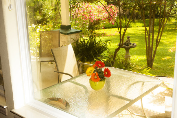 透过家窗观看。玄关,草坪。春、夏的院子。图片下载