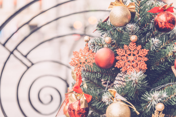 圣诞节装饰由篱笆户外在莫斯科，俄罗斯，欧洲图片下载