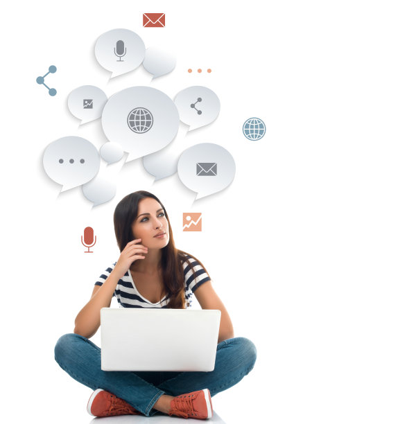 女人正在用装有通讯图标的笔记本电脑图片下载