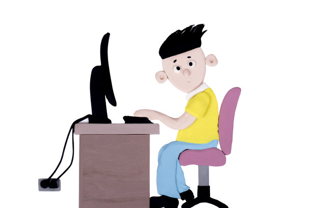 手工粘土插图:男孩在电脑上工作图片下载