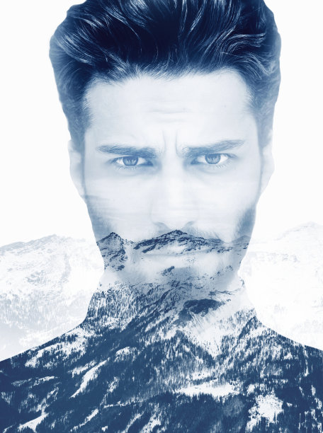 英俊的胡子男人，双重曝光图片下载