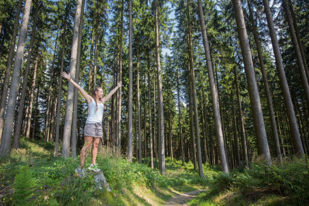 女人在森林里举起手臂图片下载
