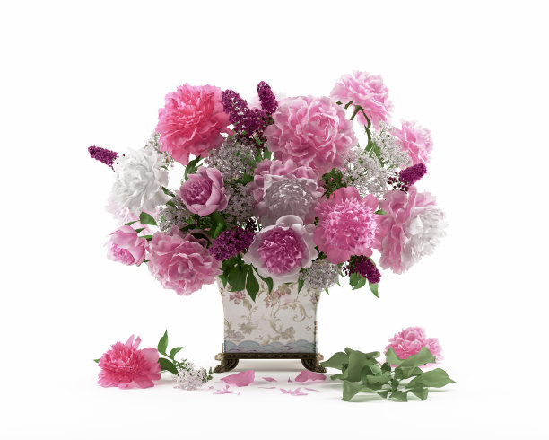 插花牡丹和未成熟的苹果枝图片下载