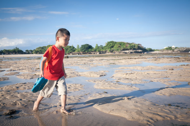 退潮时，小男孩在礁石上探险图片下载