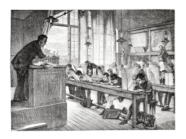 1875年，教室里的老师和学生的版画图片下载