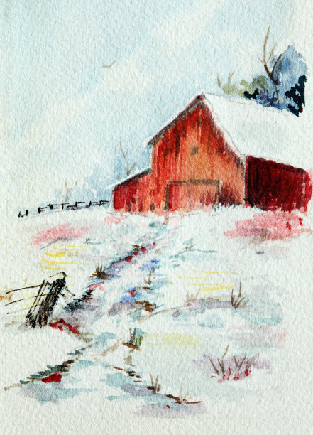 原始艺术水彩谷仓在雪图片下载