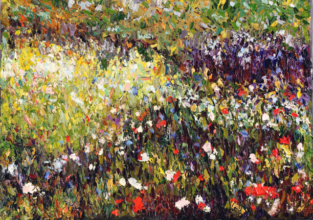原始印象派艺术油画草甸与花图片下载